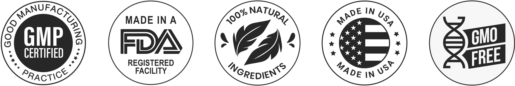 GMP certified, FDA registered, Made in USA, natural, non-GMO badges for Regenvive